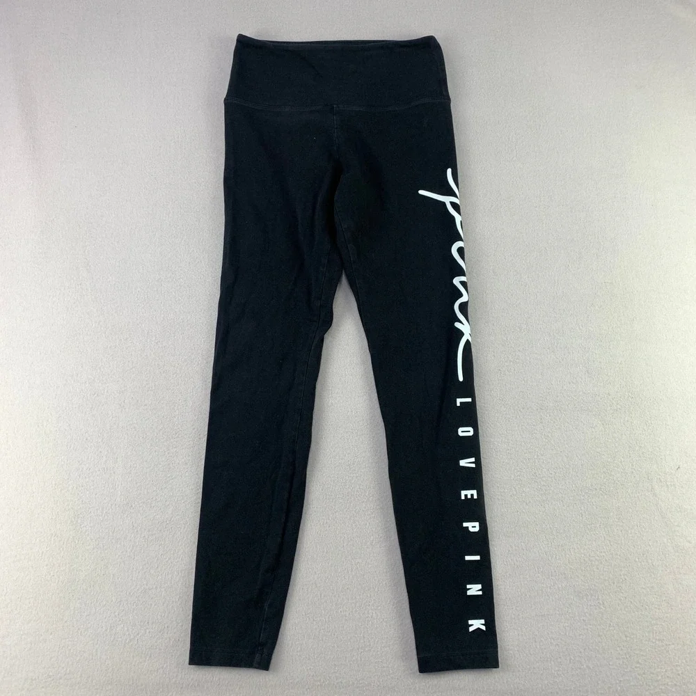Pink Victoria's Secret Leggings Womens Medium Black Graphic Love Pink Activewear